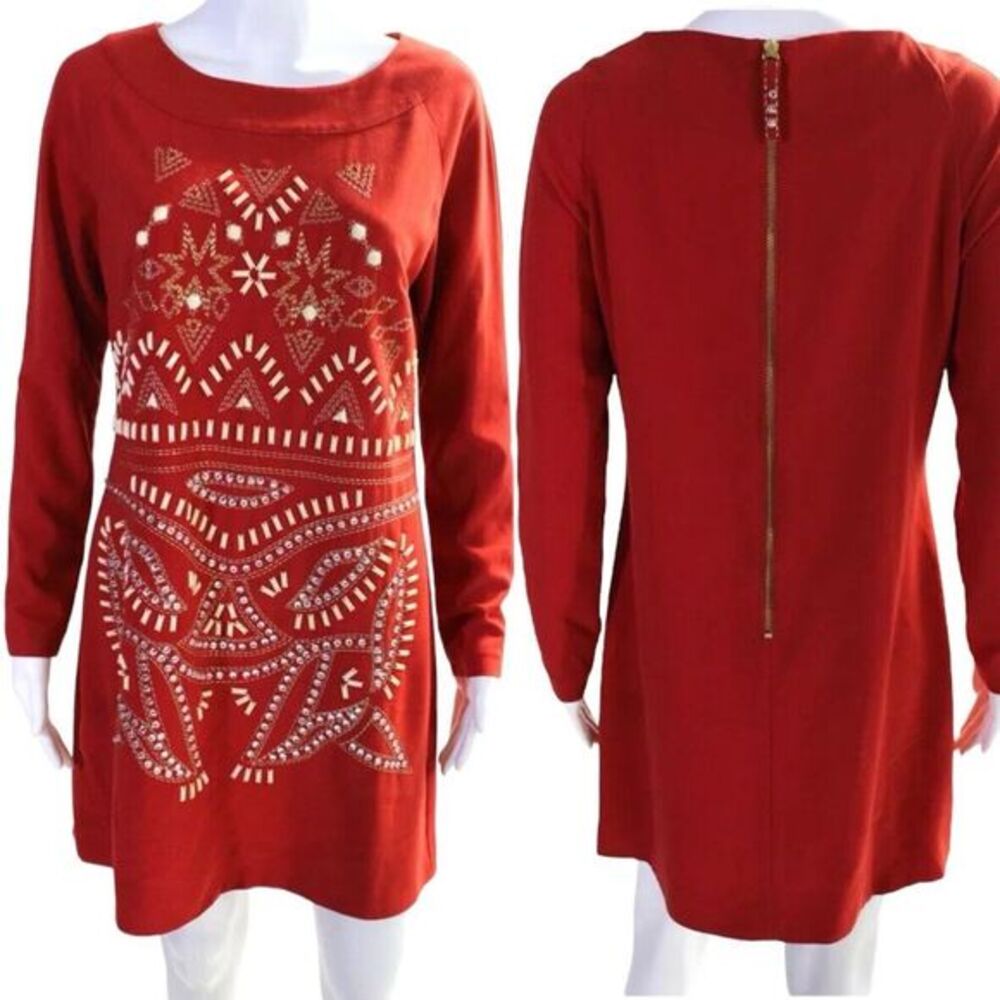 Alice By Temperley Red Beaded Sheath Dress Size 6 Long Sleeve Crepe‎ Rhinestones